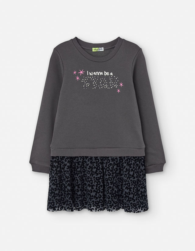 PK6 LS DRESS FLEECE DARK GREY 2-7Y