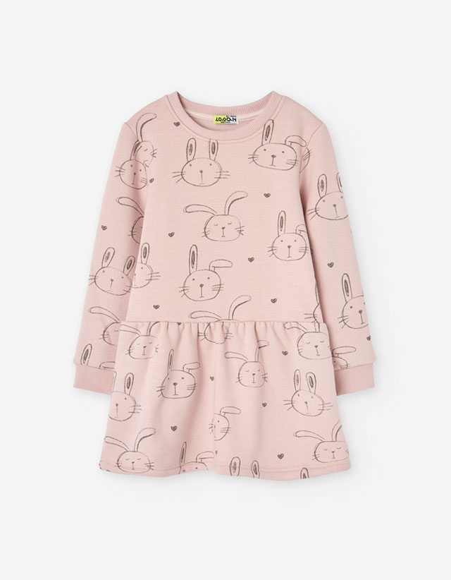 PK6 LS DRESS FLEECE AOP LIGHT PINK 2-7Y